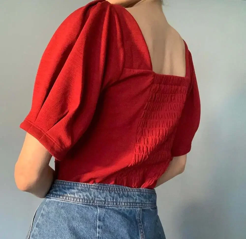 Banana Republic Red Square Neck Puff Sleeve Smocked Blouse XS